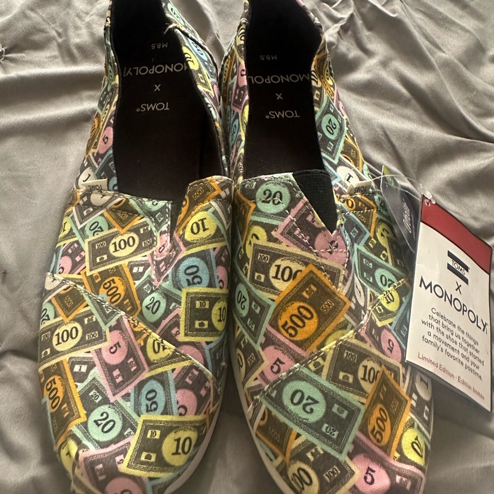 TOMS Slip-On Shoes with Pastel Monopoly Money Print